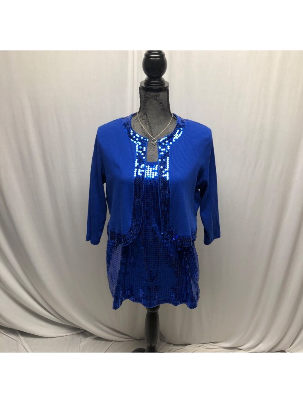 Denim 24/7 Blue Sequin Tank Top Cardigan Two Piece Set Womens Size Large Party